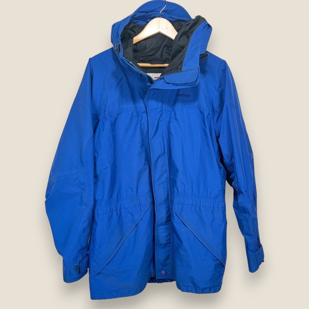 Vintage Marmot Waterproof Hooded Jacket Men Medium Blue Shell State of Sport